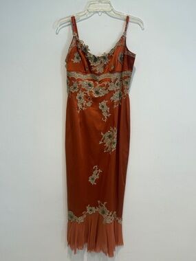 Mandalay Satin Slip Dress in Rust with Gold Lace Trim